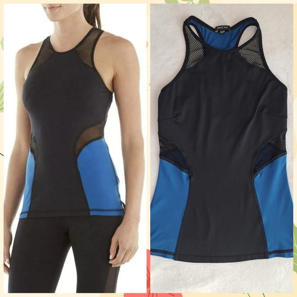 MICHI Tops - MICHI XS Blue Black Mesh Stretch Sleeveless Racerback Activewear Yoga Tank Top